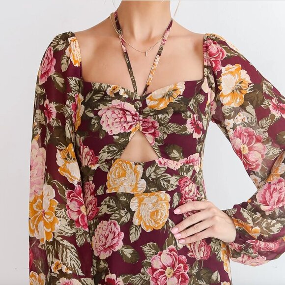 En Crème Floral Maxi Dress Boho Cutout Long Sleeve Halter Burgundy Yellow M NWT - Picture 5 of 12